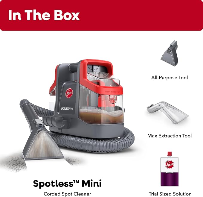 Hoover Spotless Mini Portable Spot Cleaner FH12300, Carpet and Upholstery Cleaner for Stairs, Furniture, Pet Messes and Cars, Compact Design, Easy Fill Tank, Self-Cleaning Hose, Lightweight