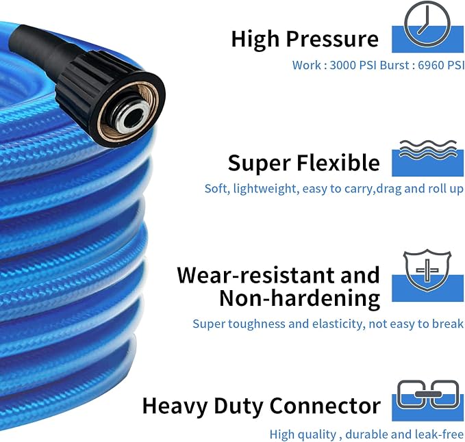 Pressure Washer Hose 25 FT 1/4 Inch, Kink Resistant Power Washing Extension Hose Compatible with M22 Fittings, Replacement For Most Brand Pressure Washers, 3000 PSI