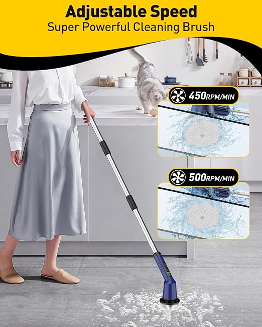 Shower Scrubber with Long Handle, Bathroom Cleaner Brush with 8 Brush Heads, Cordless Electric Spin Scrubber for Cleaning with 2 Speed, Cleaning Supplies for Bathtub Kitchen Floor Navy
