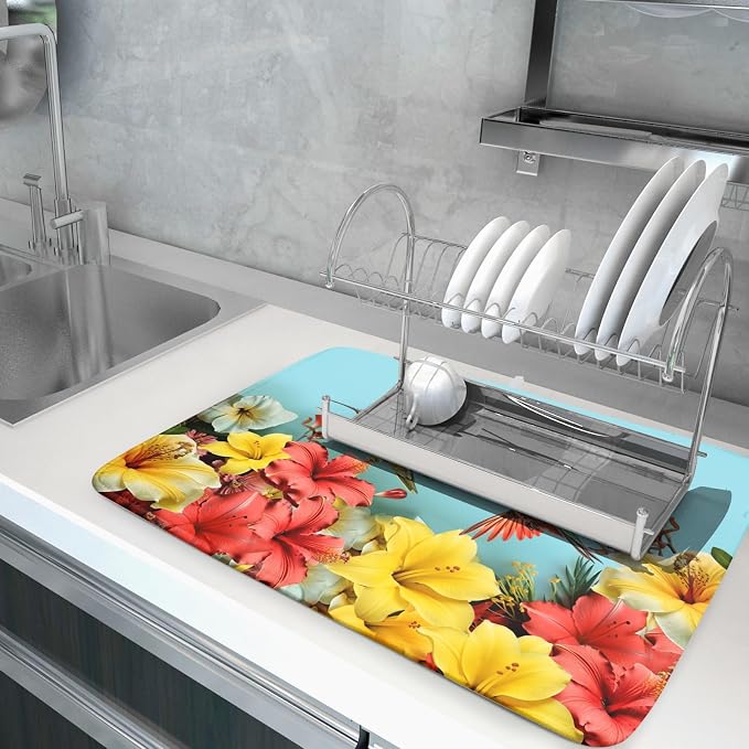 Kawani Hummingbirds Floral Dish Drying Mat for Kitchen Counter 18x24 In Hibiscus Tropical Drying Mat Farmhouse Fast Dry Absorbent Microfiber Dish Drainer Rack Pad Mat for Countertop Decor