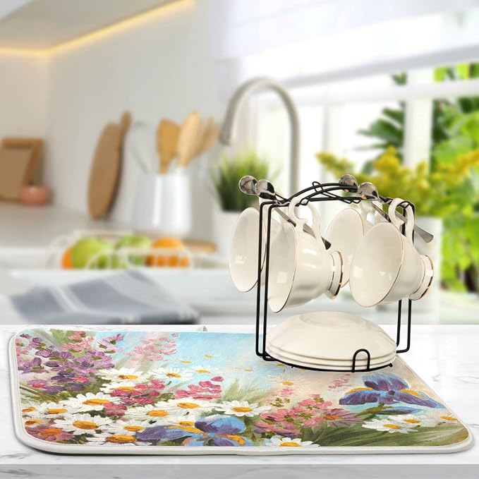 Absorbent Dish Drying Mat for Kitchen Counter - Cute Sunflowers Oil Painting Microfiber Drying Pad, Reversible Drainer Mats for Countertop, Small 16 x 18 inch