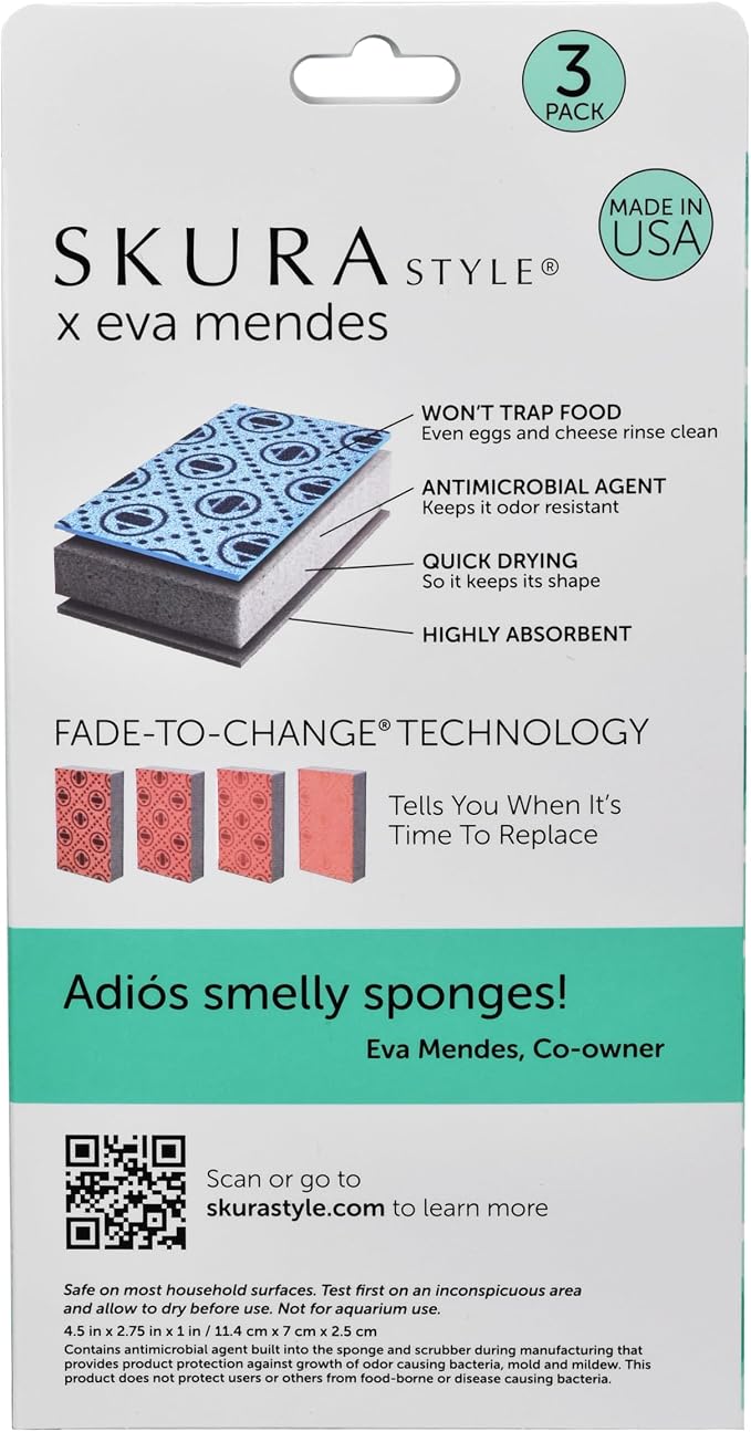 Skura Style x Eva Mendes Smart Kitchen Dish Sponges (Bulk 6 Pack) | Odor Free Non-Scratch Scrub Pad | Household Scrubber for Sink, Counters, Surfaces, Pots, Pans, Dishwashing | Color-Fade Change