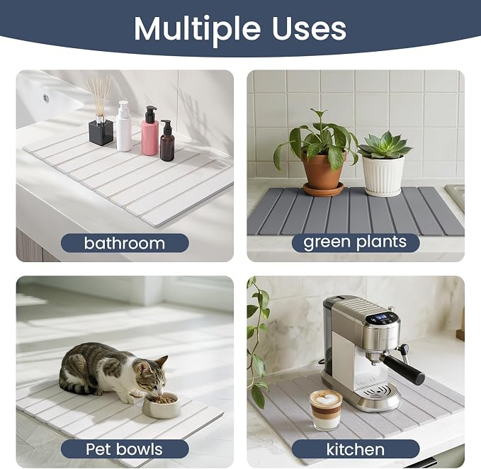 Meowoo Stone Drying Mat for Kitchen Counter, 23.6"x15.3" Foldable Diatomaceous Earth Mat, Super Absorbent, Quick-Dry Bath & Kitchen Pad for Dishes, Cups, Non-Slip, Fits Any Countertop - Dark Gray
