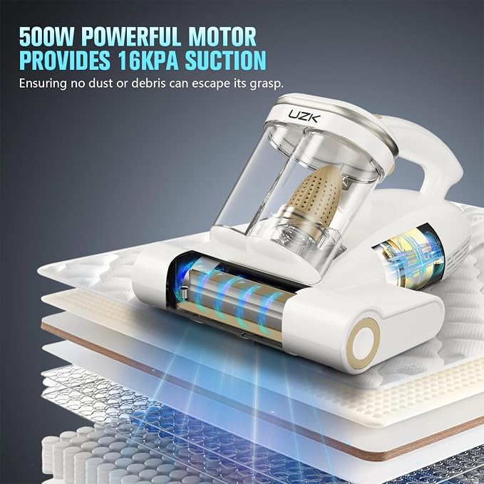 Bed Vacuum Cleaner Mattress Vacuum Cleaner,16Kpa Powerful Handheld Vacuums with UV-C Light & Double Dust Cup & High Heating & Ultrasonic & HEPA Filter for Bed Sofa(Corded,Grey White)