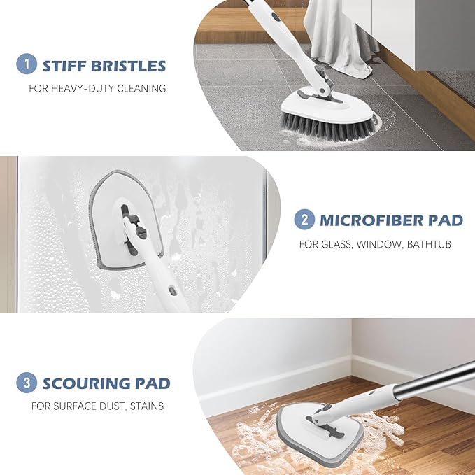 SetSail 4-in-1 Tile Tub Floor Scrubber with Floor Scrub Brush, White Grey | with 3 Detachable Replacement Brush Head, Multi-Angle Cleaning Locks at 45°, 90°, 180° for Bathroom Kitchen Walls Tub Tile