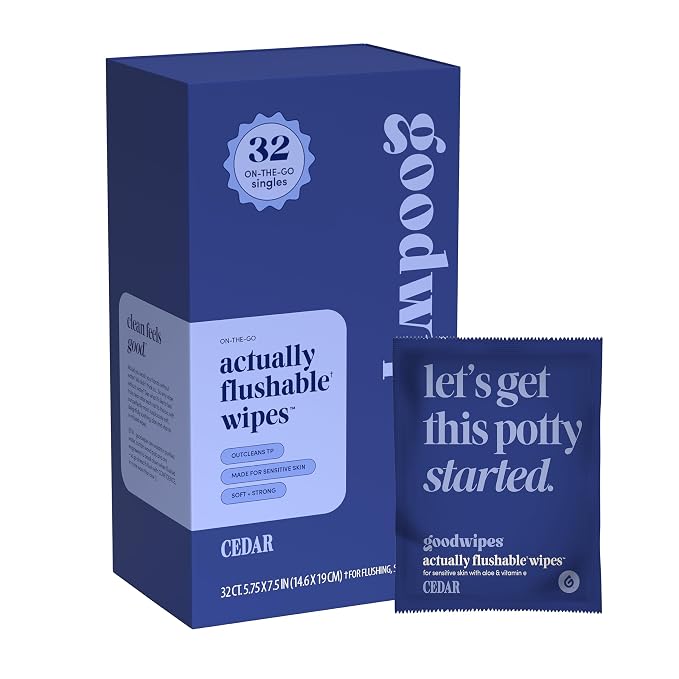 goodwipes Flushable Wipes for Women - Cedar Individually Wrapped Travel Butt Wipes To Go, Mini Purse & Festival Essentials for Adults, pH Balanced for Feminine Hygiene, 32 Count (1 Pack)