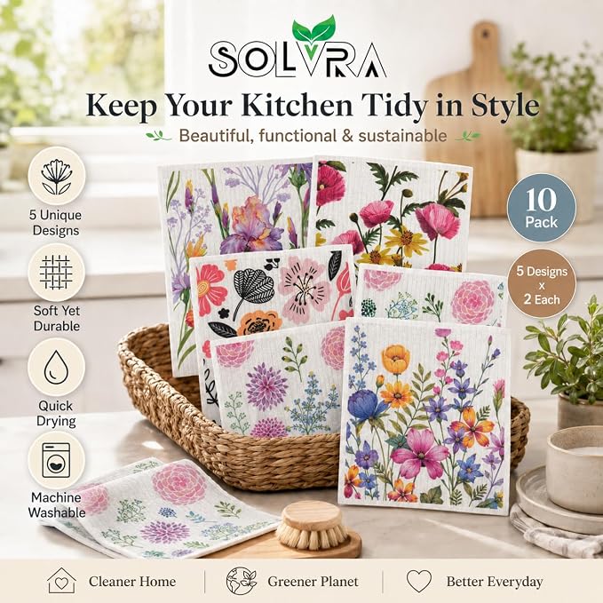 10 PCS Flower Print Swedish Dishcloths for Kitchen 100% Biodegradable, Reusable Cellulose Sponge Cloths Ultra Absorbent, Eco Friendly Cleaning Towels Dishcloths for Washing Dishes & General Cleaning