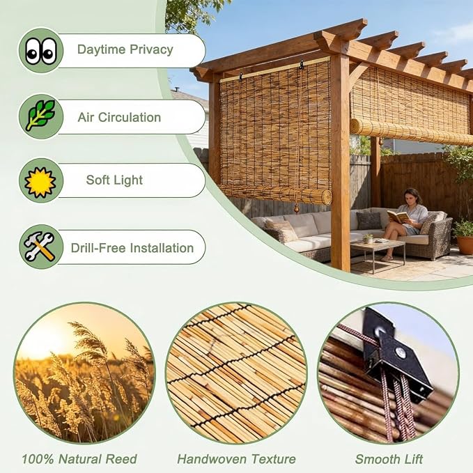 Bamboo Shades for Outdoor Patio, Waterproof Bamboo Blinds, 36" 47" 55" 60" 65" 72" 79" Blackout Reed Roller Shades with Lifter for Porch, Patio, Yard, Windows(Natural A,52" W x 48" H)