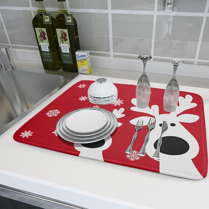 Christmas Dish Drying Mat for Kitchen Counter Cute Reindeer Winter Microfiber Absorbent Dish Draining Reusable Washable Foldable Extra Large 18"x24"