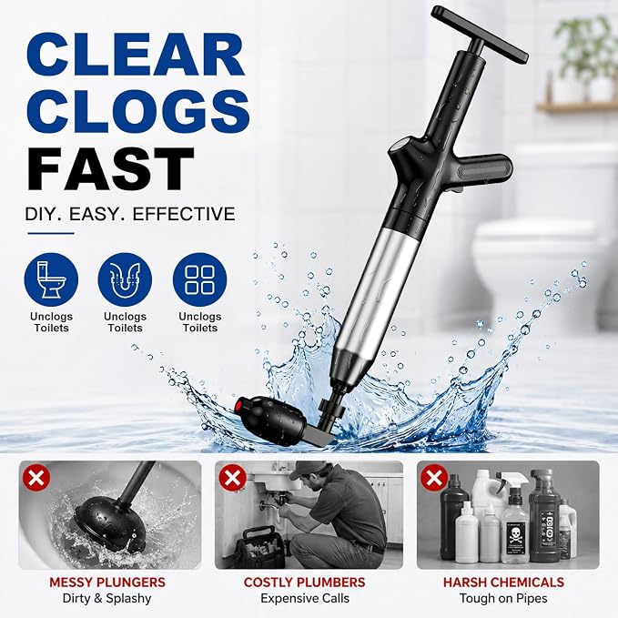Toilet Plunger, High Pressure Toilet Plunger, Toilet Unclogger Tool for Drain Clog, Heavy Duty Plunger with Gauge, 4 Heads for Bathroom, Sink, Shower