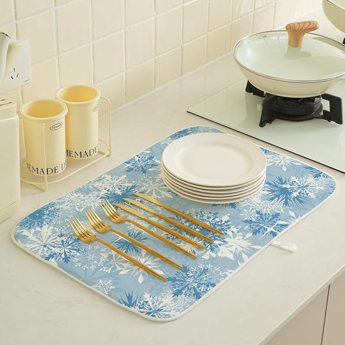 Christmas Dish Drying Mat 18x24 Inch Blue White Snowflake Winter Drying Mat Winter Xmas Holiday Absorbent Dish Drying Pad Dish Rack Drainer Mats for Kitchen Dining Counter