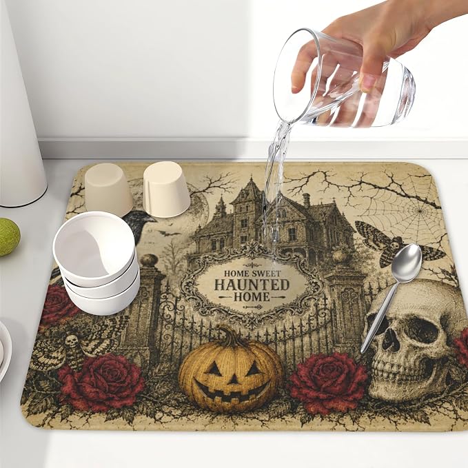 Halloween Pumpkin Dish Drying Mat for Kitchen Counter 16 x 18 Inch Ghost Castle Dish Drainer Mat Absorbent Microfiber Rose Skull Crow Dish Rack Pad for Coffee Dining Bar Decor