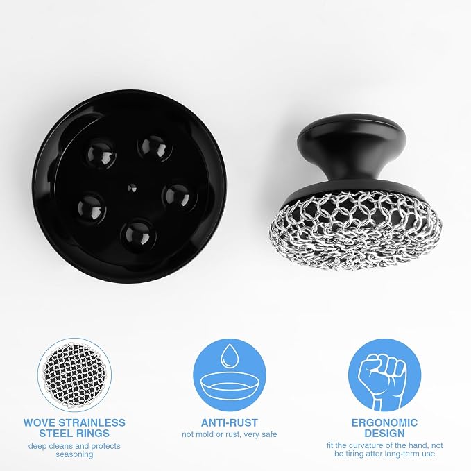 Cast Iron Scrubber Cleaner, Chainmail Scrubber for Cast Iron Pan Skillet, Dish Scouring Pad, 316 Stainless Steel Brush/Scraper for Metal Skillet Scrubbing, Wok, Dutch Oven Cleaning Kit - Thick Mesh