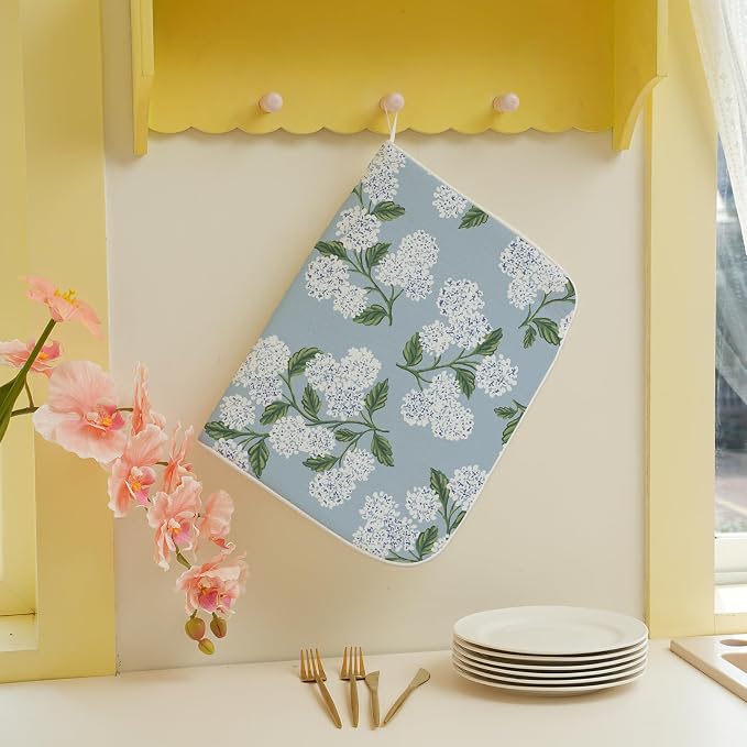 Light Blue Dish Drying Mat 18x24 Inch Vintage Blue Green Floral Hydrangea Flower Drying Mat Spring Summer Absorbent Dish Drying Pad Dish Rack Drainer Mats for Kitchen Dining Counter