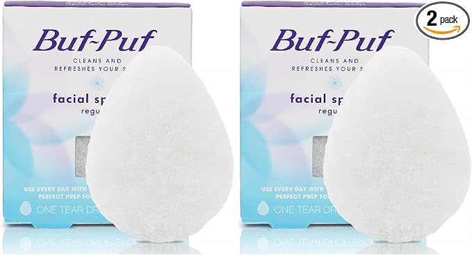 Buf-Puf Regular Facial Sponge, Dermatologist Developed, Removes Deep Down Dirt & Makeup that Causes Breakouts and Blackheads, Reusable, Exfoliating, White, 1 Count (Pack of 2)