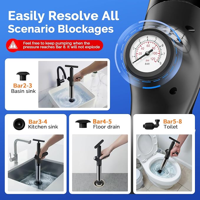 HAMITOR Toilet Plunger Drain Clog Remover: High Pressure Air Plunger & Heavy Duty Toilet Snake with Barometer for Bathroom,Sink - Unclogging Tool for Failed Traditional Plungers, Black