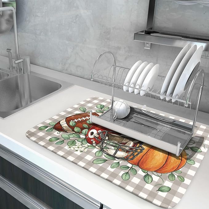 Fall Dish Drying Mat for Kitchen Counter Football Pumpkin Microfiber Absorbent Dish Draining Reusable Washable Foldable Extra Large 18"x24"