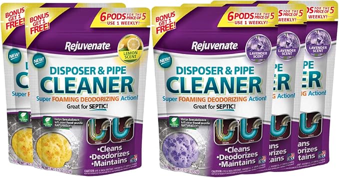 Rejuvenate Garbage Disposal and Drain Pipe Cleaner Pods Powerful Foaming Action and Removes Garbage Disposal Smells 6 Unit Pack Lemon Scent x2 & Lavender Pack x3