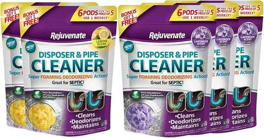 Rejuvenate Garbage Disposal and Drain Pipe Cleaner Pods Powerful Foaming Action and Removes Garbage Disposal Smells 6 Unit Pack Lemon Scent x2 & Lavender Pack x3