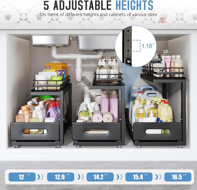 Under Sink Organizer Upgrade To Professional Rails,2-Tier Dual Pull Out Cabinet Storage,Height Adjustable Slide Out Drawers For Bathroom Kitchen,2 Pack-21"Dx12.8"-16.9"H,Black