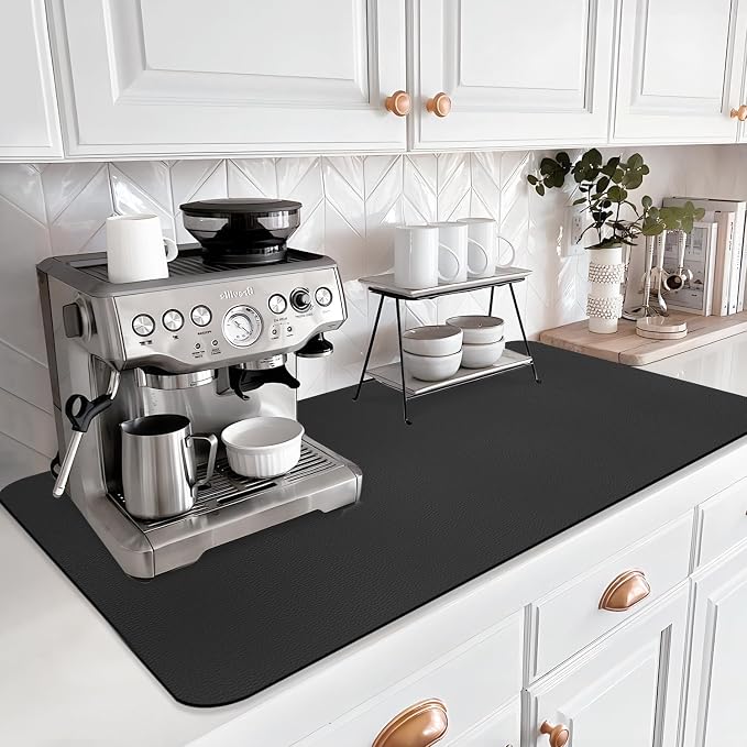LOPNUR Kitchen Dish Drying Mat, 31.5"x17" Extra Large Dish Drying Mats for Kitchen Counter, Diatomite Coffee Mat Super Absorbent Dish Drying Pad, Heat Resistant Mat with Anti-slip Rubber Backed, Black