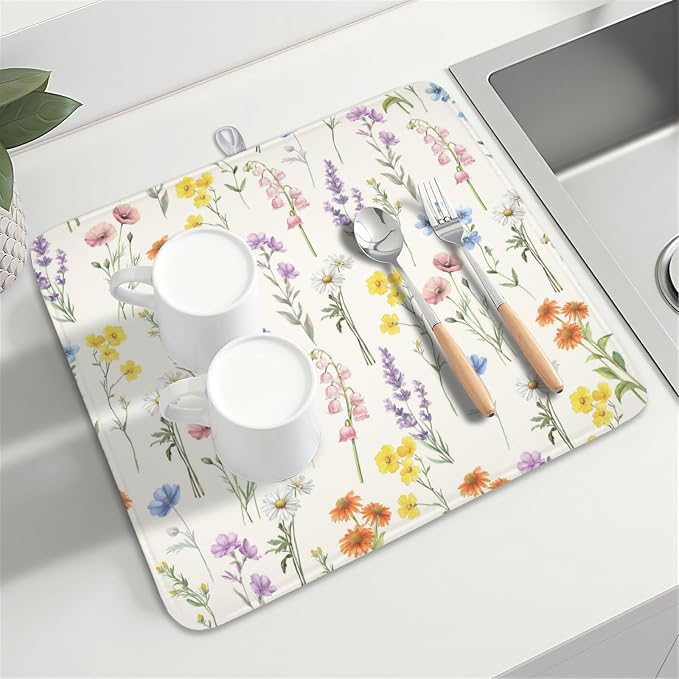 Spring Summer Colorful Floral Dish Drying Mat 16x18 Inch | Wildflower，Polyester，Absorbent Microfiber，for Kitchen Coffee Dining Bar Decor