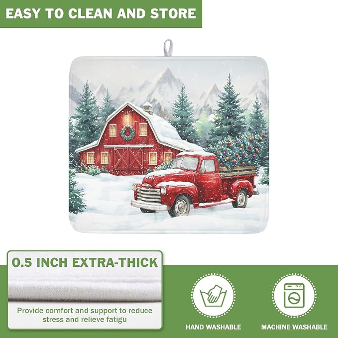 Winter Snowscape Dish Drying Mat for Kitchen Counter Christmas Red Truck Trees Dish Drainer Mat Xmas Holiday Rustic Farmhouse Absorbent Washable Drying Pad 16"x18"