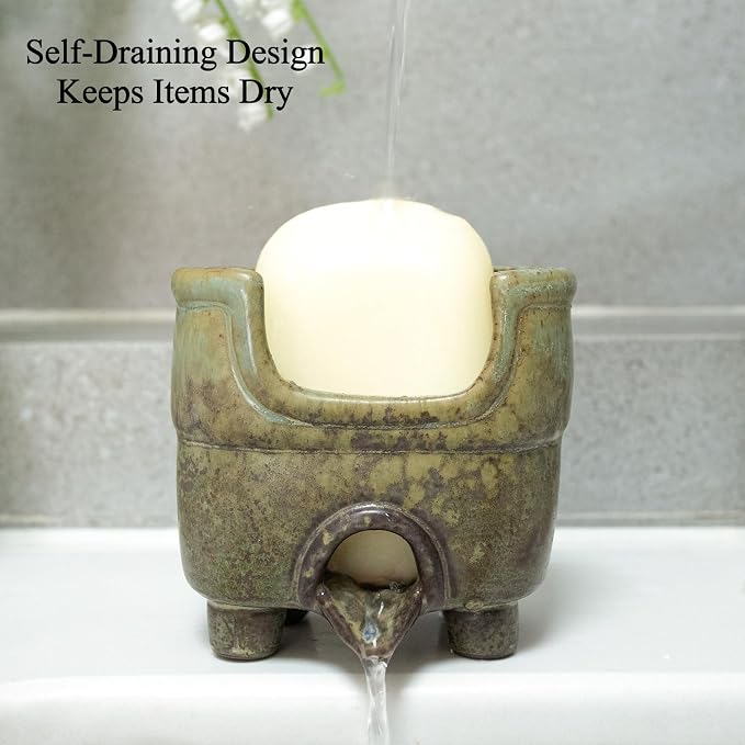 Ceramic Sponge Holder with Drainage, Rustic Farmhouse Sink Caddy Organizer, Self Draining Sponge Dish for Scrubbers, Soap & Brushes, Compact Kitchen Accessory, Keeps Counter Dry (Avocado)