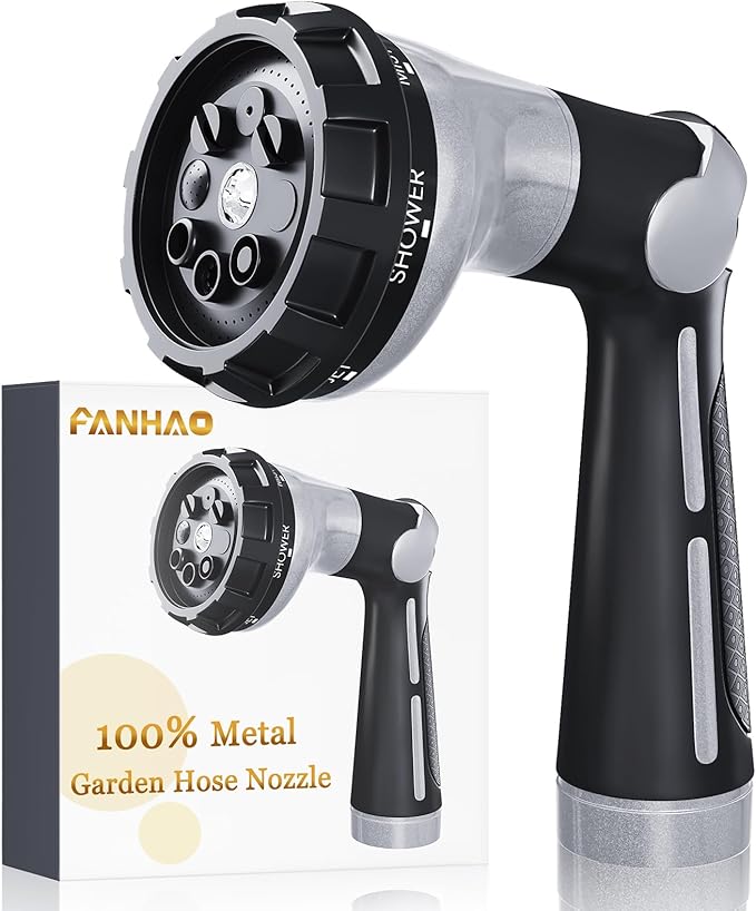 FANHAO Heavy Duty Garden Hose Nozzle, Metal Hose Sprayer Easy Thumb Control | 8 Spray Patterns, Rustproof Water Nozzle, Non-Slip Ergonomic Grip, Elder & Child Friendly for Garden, Car & Pet, Light Grey
