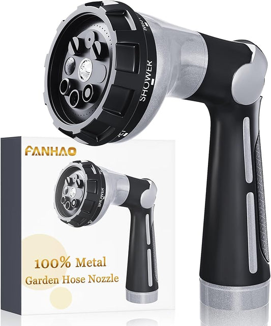 FANHAO Heavy Duty Garden Hose Nozzle, Metal Hose Sprayer Easy Thumb Control | 8 Spray Patterns, Rustproof Water Nozzle, Non-Slip Ergonomic Grip, Elder & Child Friendly for Garden, Car & Pet, Light Grey