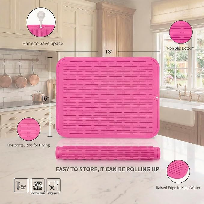 MicoYang Silicone Dish Drying Mat for Multiple Usage,Easy clean,Eco-friendly,Heat-resistant Silicone Mat for Kitchen Counter or Sink,Refrigerator or Drawer Liner Rose XL 18 inches x 16 inches