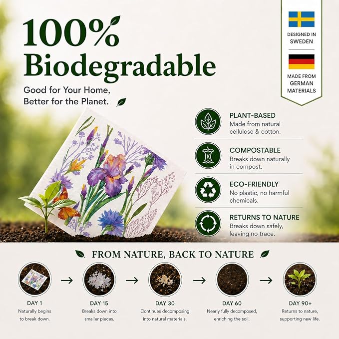 10 PCS Flower Print Swedish Dishcloths for Kitchen 100% Biodegradable, Reusable Cellulose Sponge Cloths Ultra Absorbent, Eco Friendly Cleaning Towels Dishcloths for Washing Dishes & General Cleaning