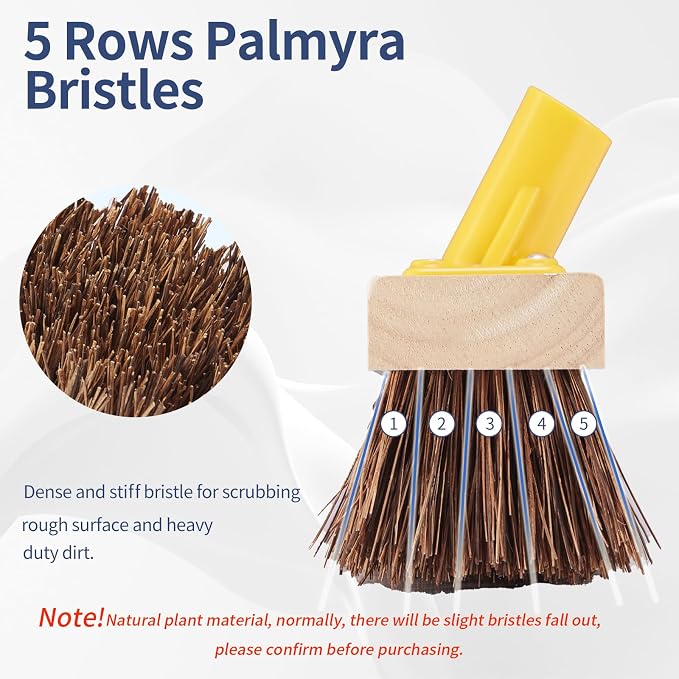 NICOFPHY Heavy Duty Floor Scrub Brush with Long Handle for Outdoor Cleaning | Deck Brush with Stiff Natural Palmyra Bristle, Floor Scrubber Brushes for Cleaning Concrete Floor, Garden, Patio, Shower