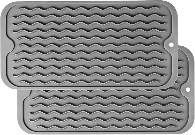ZLR 2 Pcs Silicone Sink Caddy Tray (6" x 12") 2-Packs - Narrow Sponge Holder for Kitchen Counter - Waterproof Dish Drying Mat, Non-Slip Soap Dispenser Mat & Bathroom Vanity Organizer (Dark Gray)