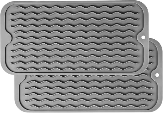 ZLR 2 Pcs Silicone Sink Caddy Tray (6" x 12") 2-Packs - Narrow Sponge Holder for Kitchen Counter - Waterproof Dish Drying Mat, Non-Slip Soap Dispenser Mat & Bathroom Vanity Organizer (Dark Gray)