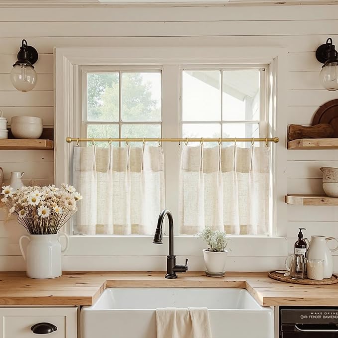 jinchan Linen Pinch Pleated Back Tab Tier Curtains,26x24,2 Panels,Natural | Light filtering,small window treatment,cafe curtains,machine washable,farmhouse,kitchen,bathrooms,laundry