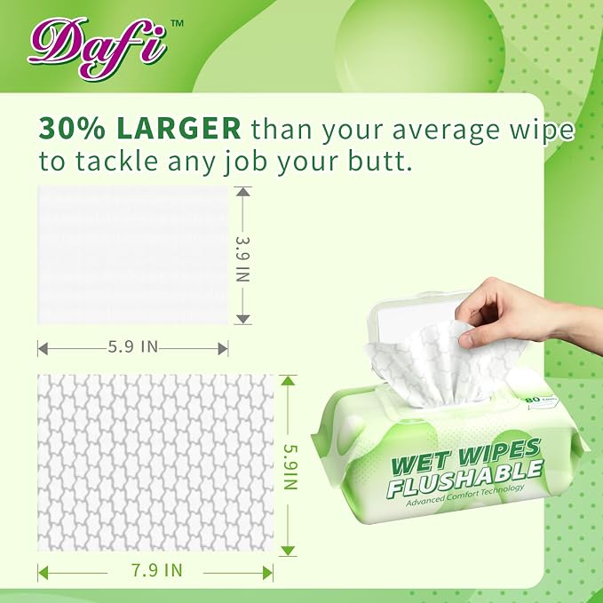 DAFI Flushable Wipes for Adult Wet Wipes, Total 240 Unscented Toilet Wipes Flushable, No Alcohol & 100% Plant Based Fibers, Septic and Sewer Safe Pack of 3