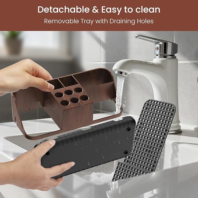 Boperzi Bathroom Counter Organizer for Vanity & Sink Storage: Detachable Electric Toothbrush and Toothpaste Holder, Water Flosser Holder, Bathroom Decor and Accessories Organization Set(Walnut Black)