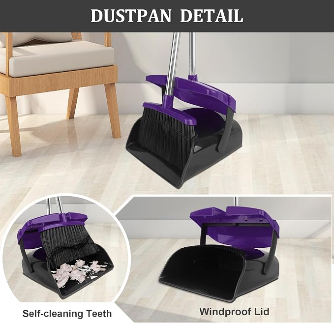 Broom and Dustpan Set, 51" Long Handle Broom with Dustpan Combo Set, Windproof and Self-Cleaning Teeth, Purple Household Dust Pan Set Sweep Kitchen Office Lobby Pet Room
