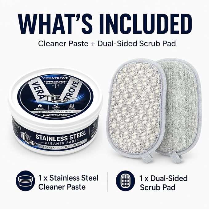 Stainless Steel Cookware Cleaner Paste for Pots and Pans | Non-scratch metal polish paste helps clean burnt stains, grease and grime on stainless steel pots, pans, cookware and sinks