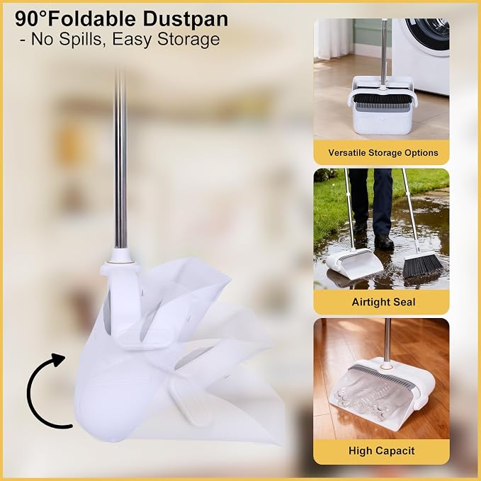 Heavy Duty Broom and Standing Dustpan Combo Set, Rotatable Head Dust Pan and Brush Set with Collapsible Handle, Cleaning Teeth, Hanging Loop, Ideal for Pets, RV, Kitchen, Camping, Outdoor Floor, White