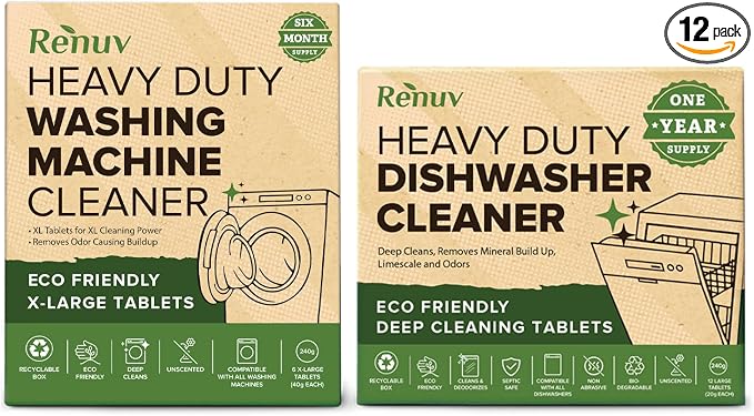 Renuv® Washing Machine Cleaner + Dishwasher Cleaner Bundle | Heavy Duty Appliance, Deep Cleaning, Descaling, Deodorizing