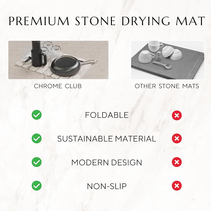 CHROME CLUB Stone Drying Mat for Kitchen Counter - Collapsible Diatomaceous Earth Dish Drying Stone - Fast Absorbent Stone Dish Drying Mat for Dishes and Pots (White Marble)