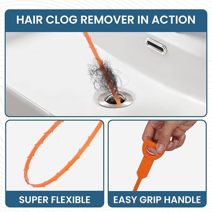 10 Pack drain clog remover Kit with 79 inch Flexible drain snake Tool 7 Hair Removers 2 Cleaning Brushes and 1 Pair Reusable Gloves for Home Use