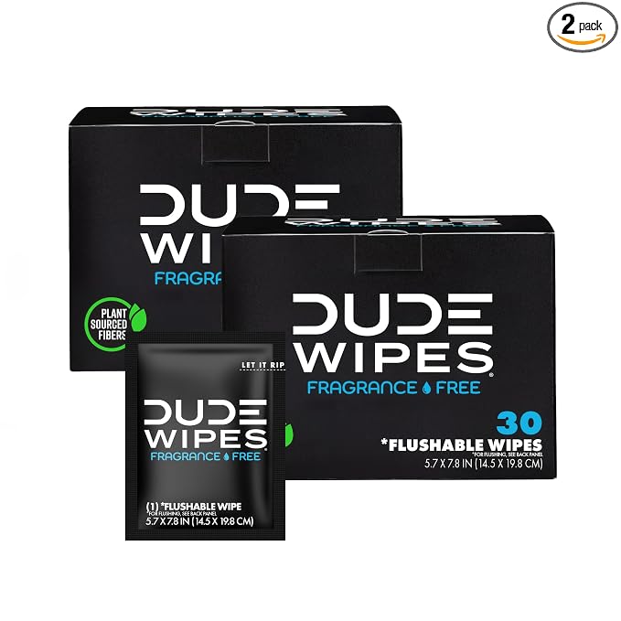 DUDE Wipes On-The-Go Unscented Travel Wipes - 2 Pack, 60 Count (Individually Wrapped) - Extra-Large Adult Flushable Wipes for Sensitive Skin - Infused with Vitamin E & Aloe - Septic and Sewer Safe
