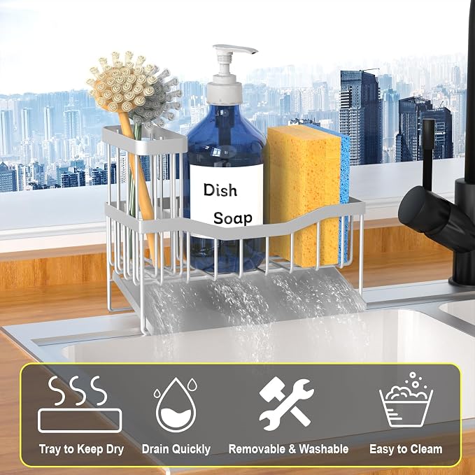 Maifan Sink Caddy Sponge Holder for Kitchen with Brush Holder and Stainless Steel Self Drain Tray, Rustproof Kitchen Sink Organizer for Sponge, Soap Dispenser Storage Accessories (Lacquer Silver)