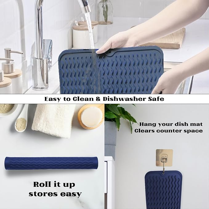 ZLR Silicone Dish Drying Mat for Kitchen Counter (12" x 16" / 307 x 405mm) - Large Fast-Dry Drainer Mat with Raised Wavy Ridges & 5mm Lip - Non-Slip, Heat Resistant 450°F, BPA-Free (Midnight Blue)