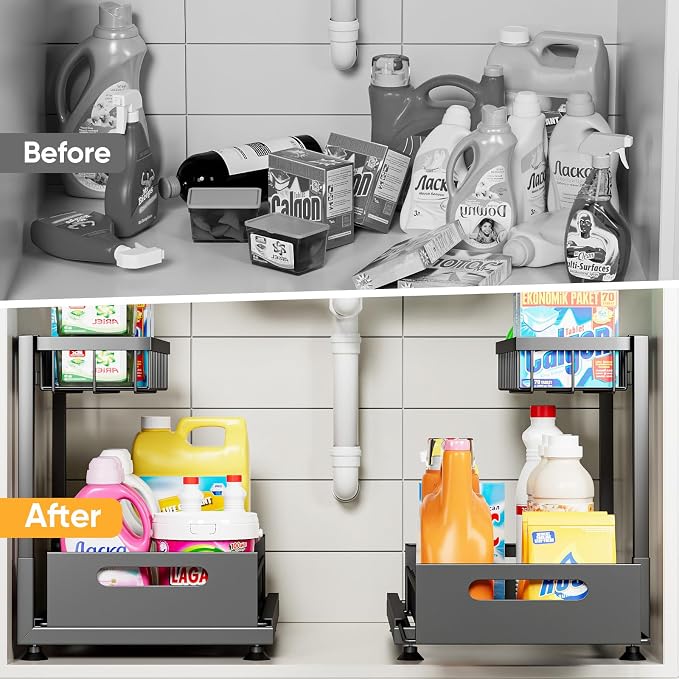Saydear 2-Pack L-Shaped Under Sink Organizer, 2-Tier Pull-out Cabinet Rack | Black Height-Adjustable Steel Rack, Sliding Grid Drawers with PP Liners, Holds 100 Lbs, Suction Base, Ideal Kitchen Storage