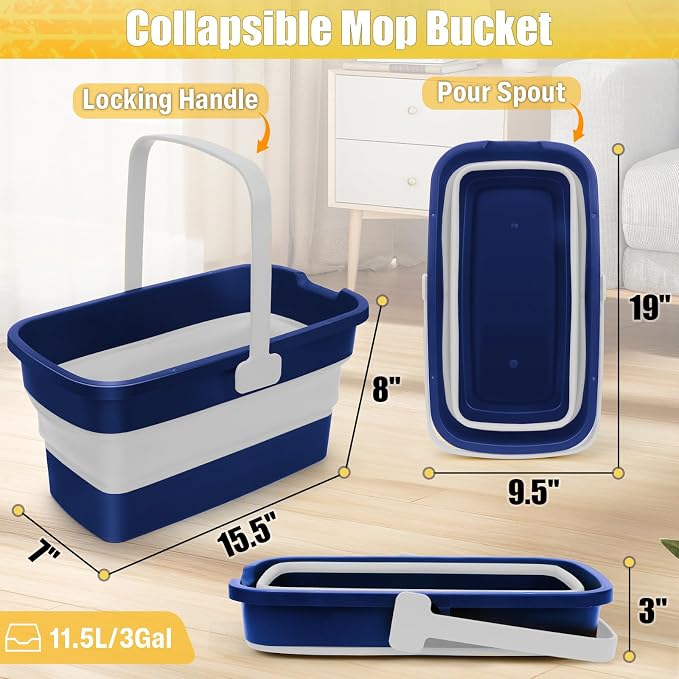 Collapsible Mop Bucket for Cleaning with Handle, 3 Gallon | Silicone Square Wash Bucket for Windows Cleaning Car Washing|Cleaning Supplies Organizer Plastic Water Bucket for Storage
