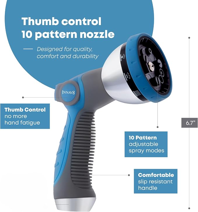 INNAV8 Garden Hose Nozzle Heavy Duty, Water Hose Sprayer Nozzle for Outdoor | THUMB CONTROL On Off Valve for Easy Water Control, 10 Spray Patterns - Water Hose Nozzle Head Attachment
